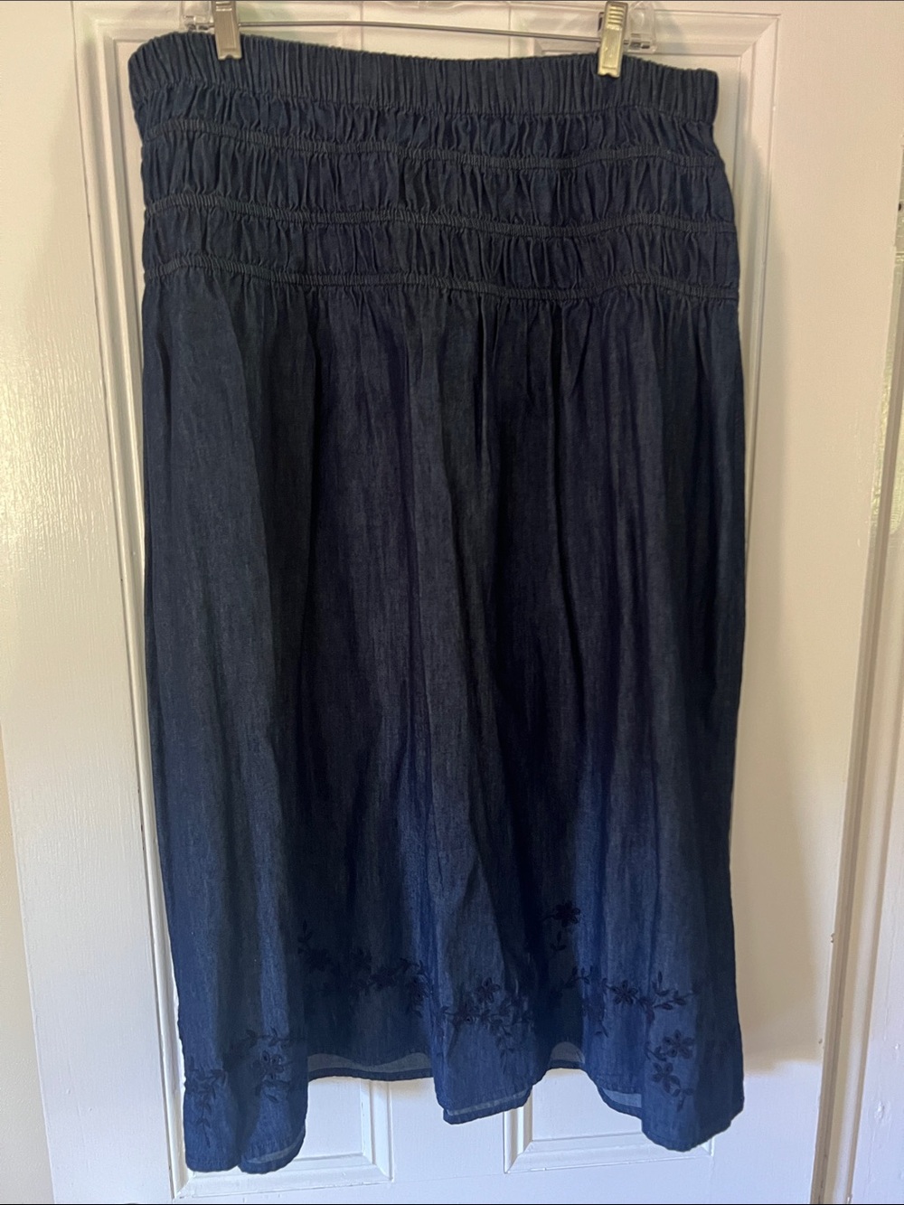 Smocked Waist Navy Midi Skirt with Embroidered Hem L = 35”